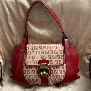 Authentic Fendi Borsa Tuc Zucca Leather & Canvas Shoulder Bag